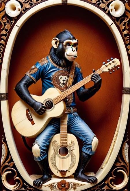 masterpiece, absurdres, 8k, ultra high detail, vivid colors, cinematic lighting, realistic texture
A rocker monkey in leathers and jeans, a dirty tee shirt, playing a guitar made of ivory, with scrimshaw bone carvings inlaid in the face of it. The band of African Wild Dogs backs him up on other instruments made of ebony and ivory in a concert
