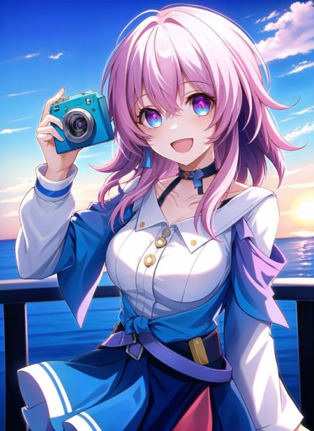 1girl, solo, medium, hair, looking at viewer, smile,gradient eyes, , blue eyes, shirt, outdoors,sunset, holding, purple eyes, collarbone, white shirt, pink hair, :d, choker, camera, holding camera