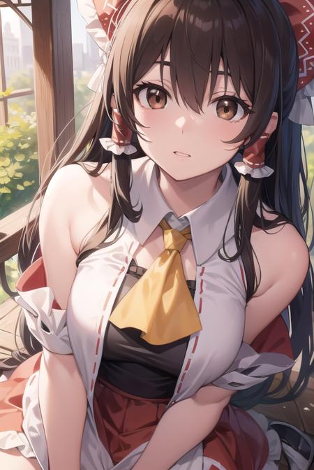 reimu hakurei, (brown eyes:1.5), brown hair, bow, hair bow, hair tubes, long hair, red bow, sidelocks, ascot, bare shoulders, black footwear, detached sleeves, embellished costume, frills, japanese clothes, nontraditional miko, red skirt, sandals, sarashi, skirt, socks, white sleeves, white socks, wide sleeves, yellow ascot, zouri,