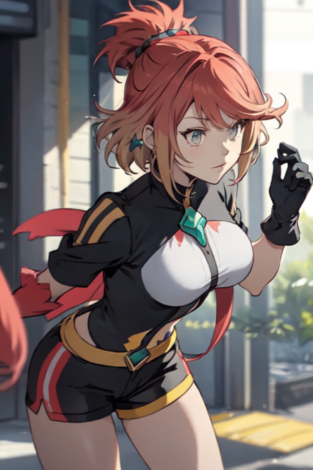 PyraPhantomThief, short hair, two-tone hair, red hair, blonde hair, large breasts, gloves, shorts, swept bangs, topknot, chest jewel