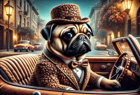 digital painting of a made of Coffee beans, cute pug in suit and bowtie, top hat and cutting edge sunglasses,  entirely made of retro sophistication texture, driving a convertible car, whimsical and magical atmosphere, soft lighting, highly detailed and stylized, concept art for a vintage charm-themed universe