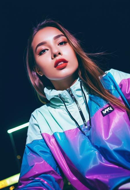 go pro photo, half body,y2k girl, 25 y.o. , low angle, extravagant pose, night , y2k fashion, bright clothes 90's,   grainy photo, analogue glitch effect