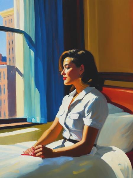 <lyco:BenAronson:1.0> oil painting in the style of Edward Hopper of a woman sitting on a bed in a hotel in Brooklyn, window open late afternoon