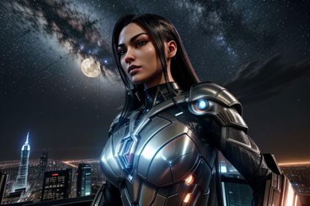 intricately detailed photograph of a gorgeous ((futuristic)) super-soldier of ambiguous ethnicity named Ava, detailed realistic eyes, detailed hair, detailed skin, wearing (sleek high-tech:1.1) power armor, appealing, eye-catching, aesthetic, (stunning shiny (advanced) outdoor nighttime future city:1.1), incredible metal buildings, impossibly tall ultramodern skyscrapers, full moon, stars, (amazing background:1.2), (vibrant colors), 8K, UHD, HDR, ultra-hd, cinematic, volumetric, dramatic, epic, realistic, breathtaking, impressive, high quality, best quality, masterpiece, (((anime))), (((cartoon))), (unreal engine 5), (raytracing)