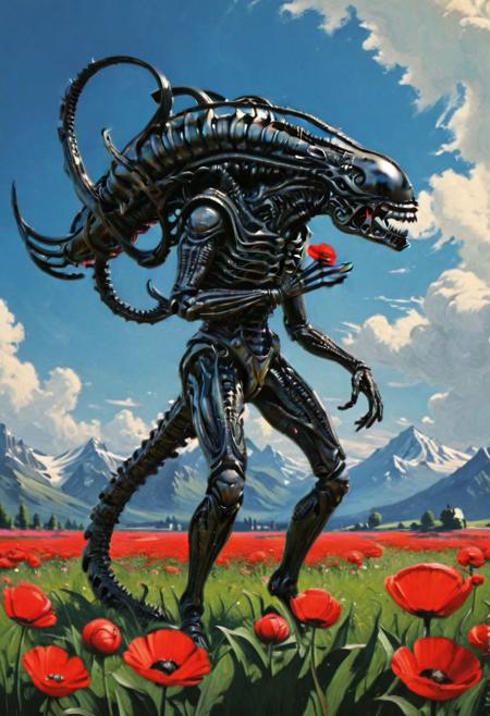 famous art by (arkhip kuindzhi:1.1), detailed expressive eyes, fantasy style, a cute xenomorph holding a lovely baby toddler on the flower field, concept art, award winning, detailed, high resolution, soft lines, intricate details, ((masterpiece, best quality)), looking at viewer, dynamic pose, wide angle view, <lora:add-detail-xl:1>, <lora:xl_more_art-full_v1:1>