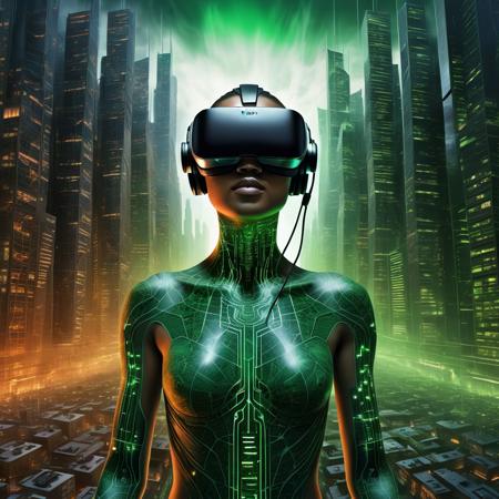 Ultra realistic full body color pencil drawn portrait of a double exposure, in the background the virtual reality depictions of Neom the Line City are shown; in the foreground rows of neuralinked bodies of global citizens are shown suspended, in the style depicted like that described in "The Organ Broker." Similar to the themes of the people used as batteries in the Matrix.
BREAK
Deep dark intense orange and green  misty background,
Dark theme, dynamic lighting, (soft shadows), (soft focus),  (photo realistic), uhd, 8k