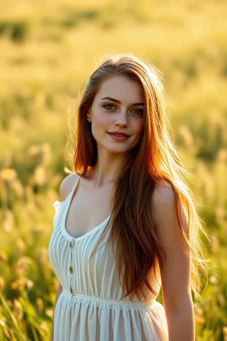 25yo woman, sun-drenched meadow, long chestnut hair, hazel eyes, soft smile, freckles, natural beauty, slender neck, small breasts, hourglass shape, toned thighs, delicate feet, interesting shadows, natural lighting, realistic style, photography. wearing transparent slavic linen dress.
