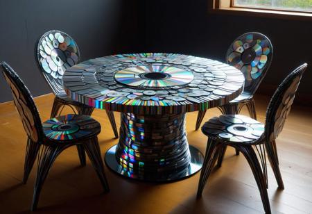 1table, 1chair, indoors, modern twist, astonishing, made of cd's, 4k, highly detailed