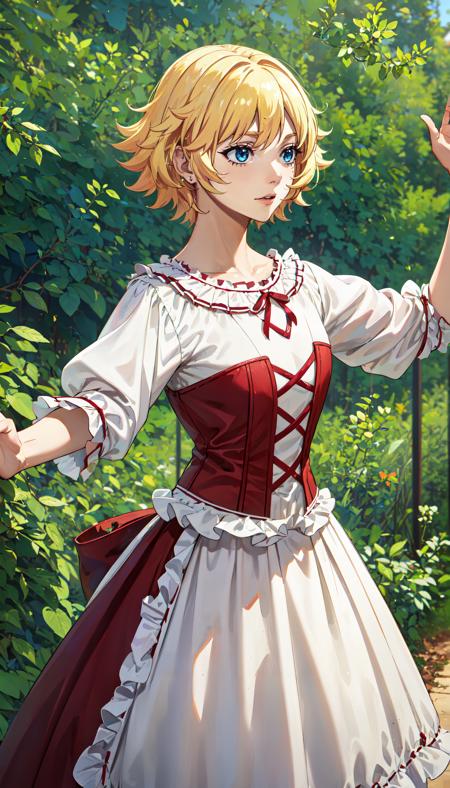 short hair blonde hair blue eyes white blouse red skirt long skirt red corset waist apron
