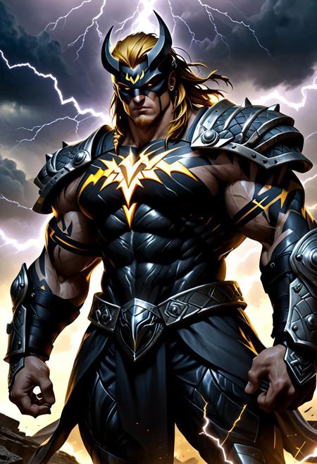 A formidable Massive and Hugely muscled warrior cyborg, Battle scars and marks of past villainy, now overlaid with symbols of heroism and snakes, representing rebirth and transformation.  embodying both a superhero and a redeemed former villain, exuding an aura of power and redemption.   Yellow Glowing Lightning Bolt Prominently displayed on his chest.  Running at Viewer. Viking accents adds to the character's menacing and heroic presence. 
 Standing heroically amidst a stormy battlefield, with lightning illuminating the fractal designs on the armor. The character, adorned with intricately designed armor that features a hybrid of Damascus steel and Futuristic Armor, stands poised for battle. The armor's fractal designs shimmer with a mystical energy, merging beautifully with the Damascus steel’s distinctive water-like patterns. His/her piercing  eyes reflect an intense and focused determination.   The overall image is ultra-high definition, with sharp focus on the intricate details, natural lighting, and realistic textures,