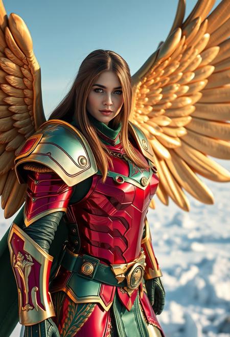 27 yr old Polish woman in ceramic extremely reflective Red and green christmas power armor, majestic metallic gold feathered hussar wings, solo, shoulder armor, glowing golden eyes, , pauldrons,  long brunette and magenta straight hair, looking at viewer, christmas , flying over antarctica