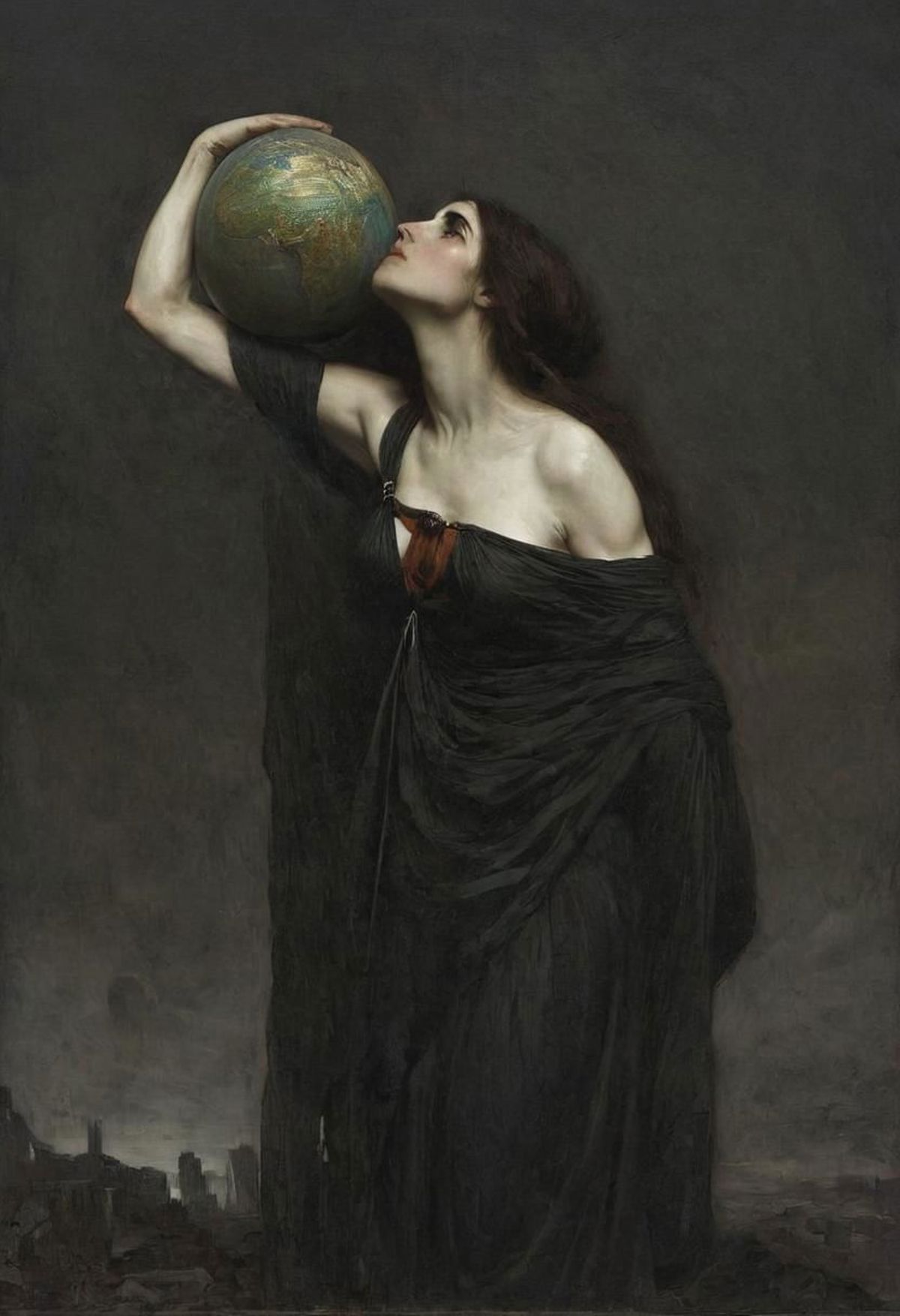 Woman holding a globe in a black dress with a red ribbon around her neck.