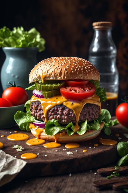 masterpiece, best quality,burger photo, food, food focus, no humans, tomato, blurry, still life, realistic, burger, cup, lettuce, fruit, onion, bowl, depth of field, vegetable, blurry background, cheese, bottle