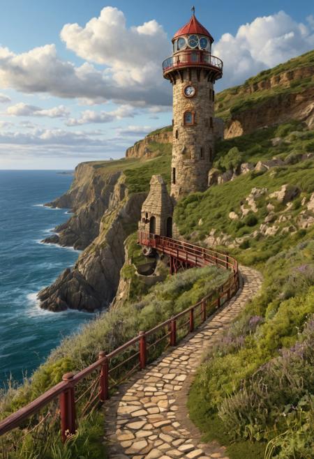 a steampunk influenced image depicts a coastal scene featuring an old stone watchtower with a domed roof, and a magnificent clock, its cogs and gears visible, situated on a grassy overgrown path. The watchtower is positioned near the edge of a cliff overlooking a vast, calm ocean under a partly cloudy sky. A paddle steamer cruises past leaving a white wake. In the foreground, there is an intricate telescope mounted on a red stand, with many levers and wheels. It is aimed towards the sea. The path leading to the watchtower is made of irregular stone slabs, bordered by dry grass and a few green bushes. A metal railing runs along the cliff edge, providing a barrier between the path and the drop to the ocean below.