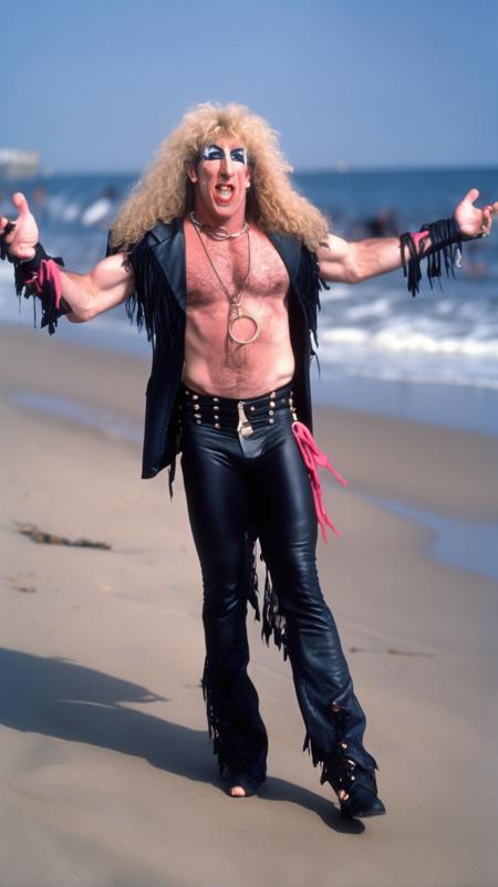 twisted sister dee snider, walking on the beach, wearing a suit, bokeh, photorealistic, analog film, nikon dslr