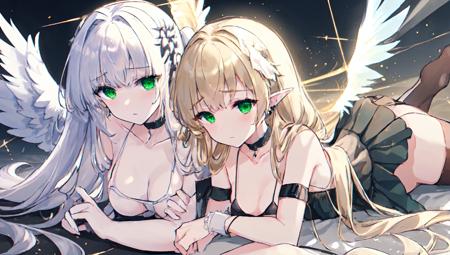 1girl,2girls,  angel, bare_shoulders,white feathered wings,choker, black_dress, bondage, bound_wrists, breasts, collarbone, light_particles, long_hair, looking_at_viewer, low_wings, navel, on_stomach, pointy_ears, green eyes, , blonde hair, glowing_eyes, skirt, small_breasts, solo, spread_wings, string_bikini, thighhighs, twintails, very_long_hair, white_background,white wings  <lora:angel&demon_v5:0.7>