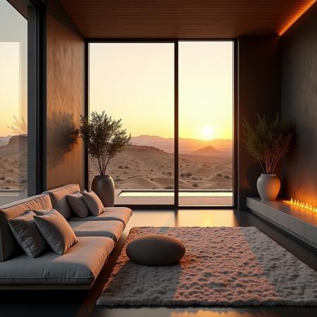 professional photo of creative modern bedroom, natural light through large windows, dry arid desert views, realistic, warm sunset, high resolution, high quality, best quality, (masterpiece), extremely detailed, soft fluffy rugs, low backed couches, dark walls, windows open, fountain, water feature