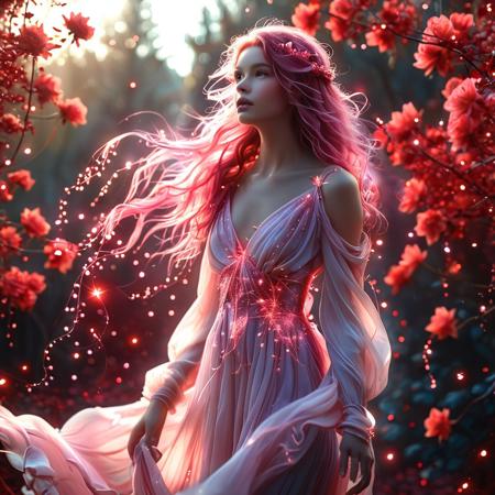 A radiant woman glowing with a soft pink mystic luminance, standing amidst a fantasy red wonderland. Her entire being pulses with gentle magical energy—her skin casting a warm rose-colored glow, her eyes shimmering like distant stars. Her flowing hair catches the light like spun silk, tinted with blush and glowing strands. She wears a dress that sparkles with enchanted threads, gently drifting as if in slow motion. Surrounding her is a surreal landscape of deep crimson foliage, glowing red blossoms, and floating ember-like particles. The air is thick with magic, casting soft shadows and reflections in the warm haze. She stands as a luminous figure of grace and wonder, as if summoned from the heart of a dream—mysterious, powerful, and impossibly beautiful, Masterpiece level quality, soft lighting, bright lighting, sharp focus, fine details, high quality, precise, high resolution, 4k, 8k,