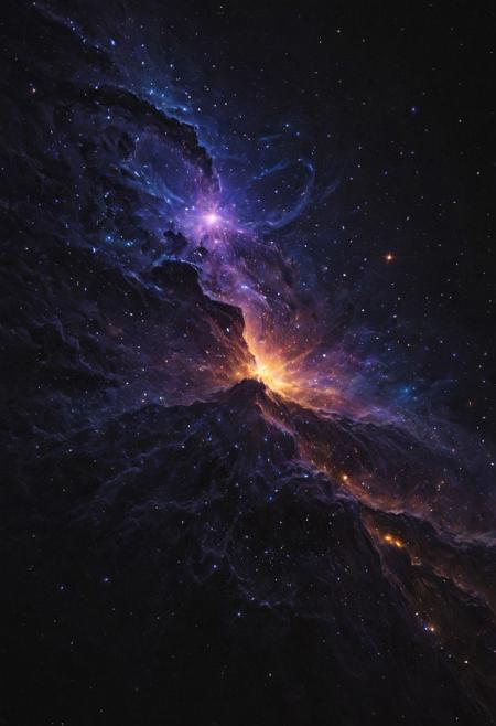 dark stardust monster, non-humanoid, cosmic entity, amorphous body, swirling black and deep indigo stardust, shifting shapes, multiple elongated tendrils and spiral forms, clusters of glowing orange and violet stars embedded within, shimmering cosmic dust trails, no limbs or face, only celestial patterns and void-like hollows, chaotic and ethereal energy, rough textured edges, painterly brushwork, (paint graph style:1.6), (drawn style:1.5), (masterpiece), (ultra-detailed), (best quality), (hyperrealism:1.4), (pure black:1.8), (deep shadows:1.7), (high contrast:1.7), (galactic core glow:1.5), (mysterious cosmic aura:1.5), (surreal mood:1.5), (eerie atmosphere:1.6), (front cosmic light source:1.3), cinematic lighting, body dissolving into space dust and nebula mist, background: softly etherated, subtle gradient from deep space blue to faint violet, scattered glowing particles and tiny stars, (minimalist composition:1.5), (dynamic negative space:1.5), (epic scale:1.4), (atmospheric depth:1.4), (VFX:1.3), (artstation quality), (8K, 4K), (visual storytelling:1.3), (otherworldly texture:1.4), (chaotic cosmic energy:1.4), (tilted perspective:1.2), (focus on glowing stardust clusters and silhouette:1.7)