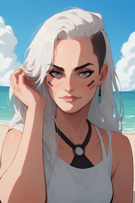 CyberRogueOld, 1girl, white hair, asymmetrical hair