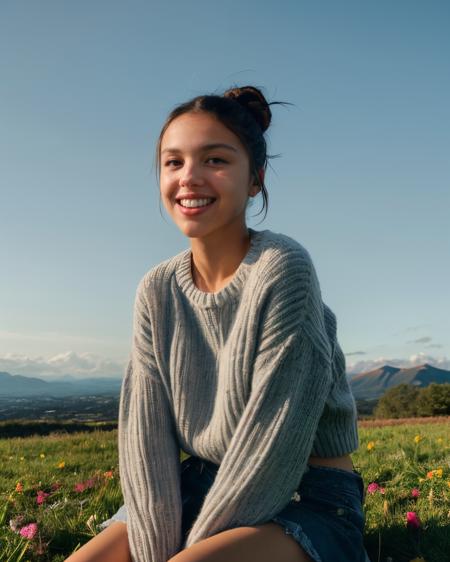 portrait of olivrod, looking at viewer, sitting on blanket, field of flowers, wearing sweater, dusk, hills, hair tied up in bun, smiling with teeth, textless magazine cover, (masterpiece, extremely detailed skin, dramatic and cinematic lighting, key light, fill light)  <lora:olivrod:1>