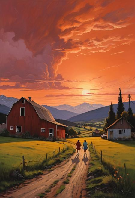A nostalgic painting depicts a serene rural landscape at dusk. In the foreground, two silhouetted girls walk along a path, going home, walking toward a barn-like house. 
The house is centrally located and features a white symbol or graffiti on its side. 
The background is dominated by a range of mountains under a sky with a reddish hue at dusk. 
muted colors, tranquil atmosphere, calm, nostalgia, simplicity and peacefulness of countryside life. The overall composition is balanced, with the figures and barn providing focal points against the expansive natural backdrop.
Silhouetted Figures: The two figures walking toward the barn immediately draw the eye due to their dark, distinct outlines against the softer background.
Barn with White Symbol: The barn acts as a focal point, with the white symbol or graffiti adding an intriguing detail that makes you look closer.
Reddish Sky: The sky's warm hues of red and orange create a captivating backdrop, adding depth and atmosphere to the scene.
Mountains: The range of mountains, though muted, provides a majestic backdrop that balances the composition.