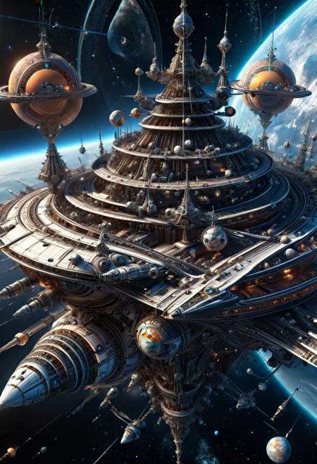 a photo of a ral-frctlgmtry spaceship navigateing in space with planets and galaxies in the background, highly detailed, intricate design, high quality, 8k, cinematic, epic, ray tracing, deep shadows, dark fantasy