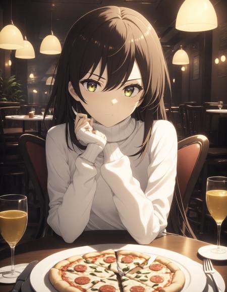 1girl, c.c., code geass, white shirt, long sleeves, turtleneck, sitting, looking at viewer, eating, pizza, plate, fork, knife, table, chair, table, restaurant, cinematic angle, cinematic lighting, masterpiece, best quality