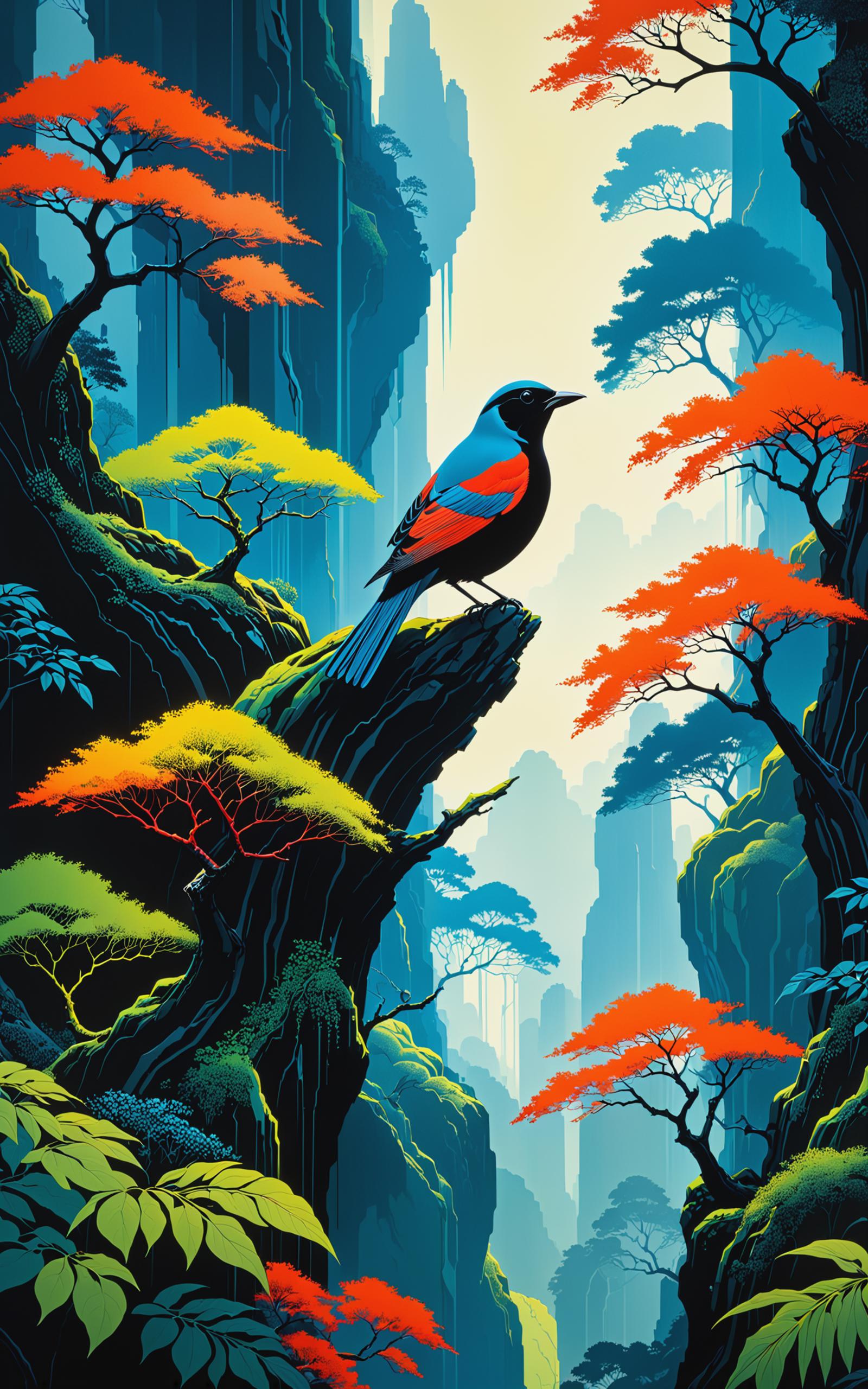A colorful painting of a bird perched on a rock in a lush, tropical environment.