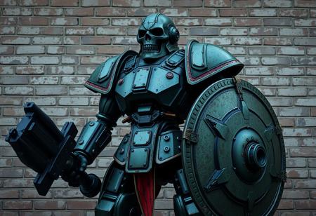 A highly detailed, gritty Junk Berserker robot stands resolute before a weathered brick wall. Plated armor with patina verdigris greens and blues, accented with scarlet and gold. Wears a skull helmet. Wields a heavy weapon in right hand, large shield in left. Cinematic lighting, volumetric light, dystopian sci-fi atmosphere. Rendered in Unreal Engine 5, Octane Render. Matte painting, splash ink illustration style. Impeccable composition, creative angle, Golden Ratio, 4k, high resolution, trending on Artstation, CGSociety.