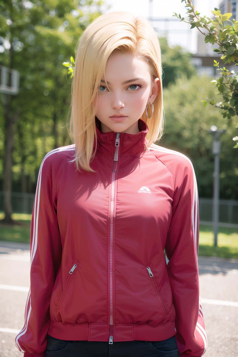 masterpiece, (photorealistic:1.4), best quality, beautiful lighting,Android18DB, solo, earrings, jewelry, jacket, upper_bo...