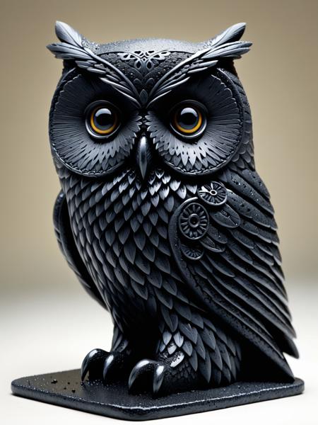 <lora:Fresh_Tarmac_SXDL:1>, an intricate owl made of black ais-tarmac staring intently at its prey