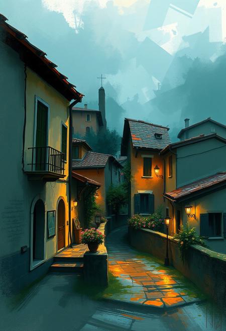 Dynamic digital sketch in a moody, romantic realism style, depicting an Italian countryside village scene with epic complementary colors and misty atmosphere.  Loose painterly strokes, warm color palette, textured brushwork, serene landscapes, and dramatic lighting.  Focus on rich textures and atmospheric details, evoking a fantasy scene with a sense of movement and depth.