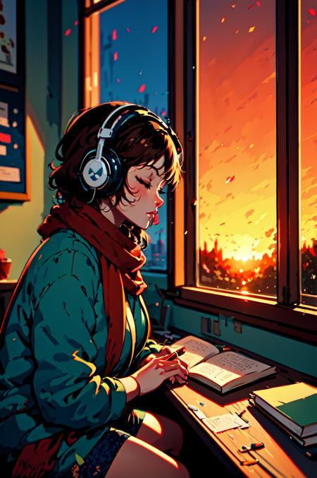 <lora:Homework_Desk:0.6> masterpiece, best illustration, ((anime)), 1girl, solo, headphones, brown hair, closed eyes, window, indoors, red scarf, sitting, tree, scarf, sweater, short hair, desk, sunset, book, from side, blurry