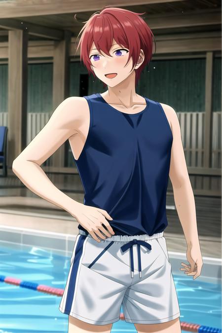 <lora:tsukasa_suou:0.7>, masterpiece, best quality, ultra-detailed, ultra-high contrast , 1boy, 8k, tsukasa_suou, knights_ensemble_stars,wallpaper quality, standing, complex background,  realistic,  short sleeve, singlet, in pool, swimming trunks