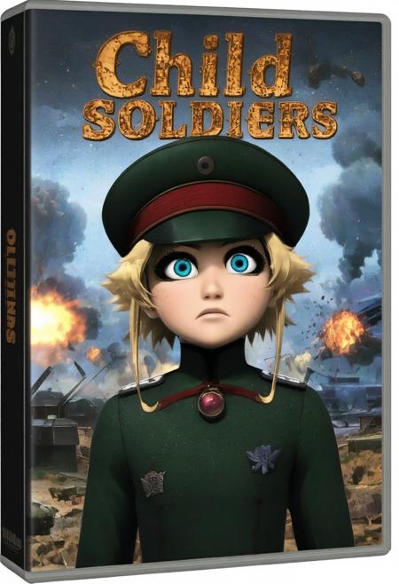 Box art for the Disney Pixar movie "Child Soldiers", featuring a sad TanyaDegurechaff with blonde hair and blue eyes wearing a green military hat and military uniform looking at the viewer with big eyes, TanyaDegurechaff is standing in the middle of a battlefield as artillery fire rains down and explosions rock the landscape, seemingly oblivious of her surroundings. At the top of the image, the title "Child Soldiers" is in Disney style cursive letters with beveled edges. The overall style of the image is reminiscent of 3d disney cartoon films, with a sense of whimsy and wonder