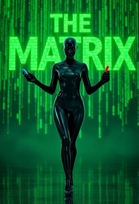(The Matrix computer code That's Green, in textured green neon letters in the backdrop), 
digital painting, 
dramatic lighting, 
vivid colors, 
ultra-detailed,
In The Forfront Is (Encased busty) woman with (perfect body)+++ (in encased skin tight eyeless faceless black latex bodysuit)+++ (head covered in latex)++++ (face covered in latex)+++ (body covered in latex)+++(full body) +++ (black high heels)+++(black latex gloves), blue pill in left hand, red pill in right hand, walking towards the forfront, only two arms
