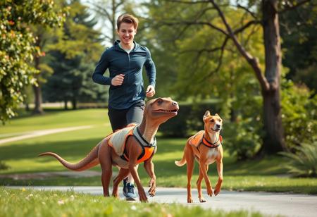 Summer, a beautiful park, a young man in athletic wear jogging alongside his pet dinosaur and a borzoi. The dinosaur and the dog are dressed in sporty dog vests, with the dinosaur being the same height as the dog, creating a whimsical and playful scene.
