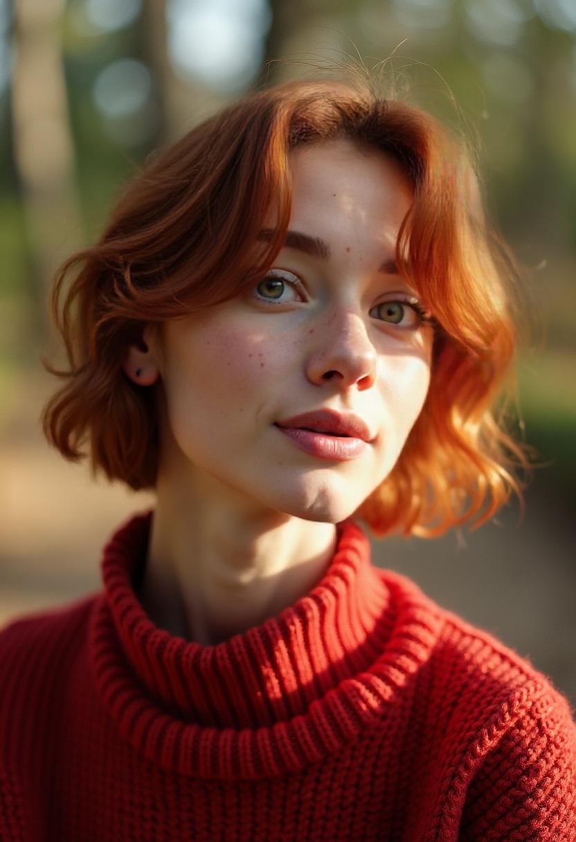 The photograph in question is a stunning production still from a movie, capturing a young woman with short red hair and a warm, candid smile. She is dressed in a cozy red wool sweater that boasts a distinct textured pattern, adding depth and interest to the image. The low angle from which the photo is taken creates a sense of intimacy and vulnerability, as the viewer looks up at the subject from beneath, taking in the details of her face and expression.
The woman's side profile is expertly framed, drawing the eye to the curve of her cheekbone and the gentle slope of her nose. Her green eyes, which catch the light in an incredibly appealing manner, are the focal point of the image. They are full of warmth and expressiveness, and the professional lighting and color grading of the photograph highlight their natural beauty.
The sunlight streaming in from the daytime spring garden casts a soft, even light on the woman's face, revealing her light freckles, natural skin imperfections, and visible skin pores. These details serve to make the image feel authentic and unposed, adding to the candid quality of the photograph.
The garden itself is a blur of color and movement in the background, with dirt obscuring the ground and adding a sense of natural grit to the image. The sharp lens used to capture the photograph ensures that every detail is in focus, from the soft tendrils of hair framing the woman's face to the intricate pattern of her sweater.
Overall, the photograph is a stunning example of professional photography, showcasing the beauty and expressiveness of its subject while maintaining a clean, sharp film look. The use of 35mm film adds a sense of nostalgia and timelessness to the image, while the warm colors and natural lighting create a sense of warmth and intimacy. It is a truly captivating photograph, one that is sure to leave a lasting impression on anyone who sees it.