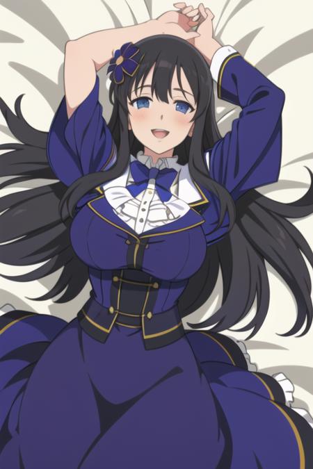 best quality, masterpiece, 1girl, ryouki \(senran kagura\), senran kagura, long hair, very long hair, black hair, blue eyes, breasts, large breasts, huge breasts, facing viewer, looking at viewer, pov, blush, happy, smile, open mouth, capelet, blue capelet, frills, frilled collar, bowtie, black bowtie, dress, blue dress, black dress, long dress, long sleeves, blue sleeves, gold trim, hair ornament, hair flower, lying, on back, on bed, arms up, sheet grab, indoors, bedroom, dated, dutch angle, cowboy shot, simple background,