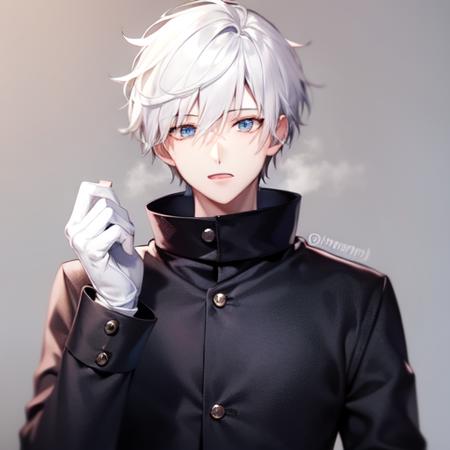 1boy, bangs, blue_eyes, eyebrows_visible_through_hair, gloves, gojou_satoru, hair_between_eyes, high_collar, long_sleeves, looking_at_viewer, male_focus, pov, short_hair, signature, simple_background, solo, twitter_username, upper_body, white_background, white_gloves, white_hair