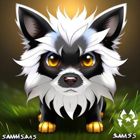 (samdoesarts style:1.3) a beautiful  dandelion (metal:1.2) dog Pokemon with quartz-grey hair, glowing eyes, Tundra, highly detailed, intricate