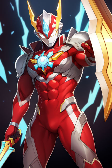 ultramannewgen, solo, holding, yellow eyes, open hands, no pupils, red bodysuit, muscular, abs, blue armor, superhero, holding weapon