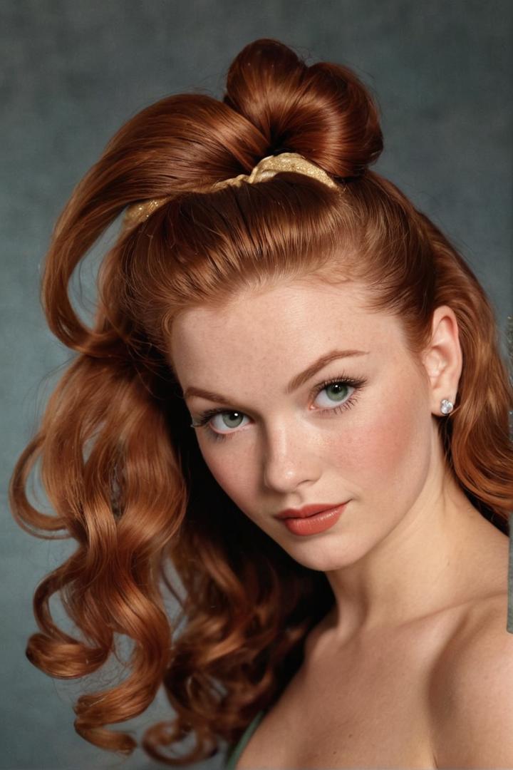 breathtaking playboy, 1950s, 25 year old woman, ginger half-up, half-down with crimped ends, <lora:playboycenterfold-v1.0a:1> . award-winning, professional, highly detailed