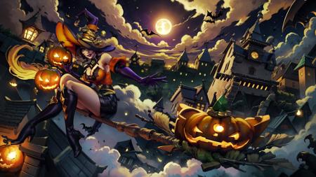 <lora:EvieBewitchPaladins:0.8>, EvieWitch, 1girl, solo, looking at viewer, short hair, skirt, gloves, hat, dress, cleavage, bare shoulders, medium breasts, full body,  one pumpkin,
boots, black gloves, elbow gloves, miniskirt, black footwear, clothing cutout, makeup, witch hat, cleavage cutout, knee boots, witch, side slit, green jewel, metal belt, gold belt, gem encrusted belt buckle, green gem, detached collar,
 smile,hair over one eye,  grin, lips,  lipstick, one eye covered, green eyes,
((riding broom:1.5, Riding witch broom, witch broom, flying in sky, moon, night sky, sidesaddle, broom riding,broom, staff:1.2)),
(Halloween Town,  Halloween London, town below),
(insanely detailed, beautiful detailed face, masterpiece, best quality),