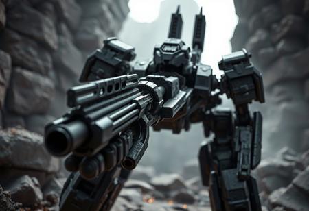 a close up of a robot gun on a Blasting the Ruins background, dark grey decepticon mech, official details photo, focus on full - body, scratchy, dirty old grey stone, ebay listing, reduce duplication interference, red shift render, grey robes, spotlighting, circa 1 9 8 4, brutus pose, f 1 aperture, by david a. hardy, noriyoshi ohrai, rendered in unreal engine, background  trending on artstation, low contrast, 4 k, intricate details, highly detailed, masterpiece, smooth, sharp focus!!!, extremely high detail