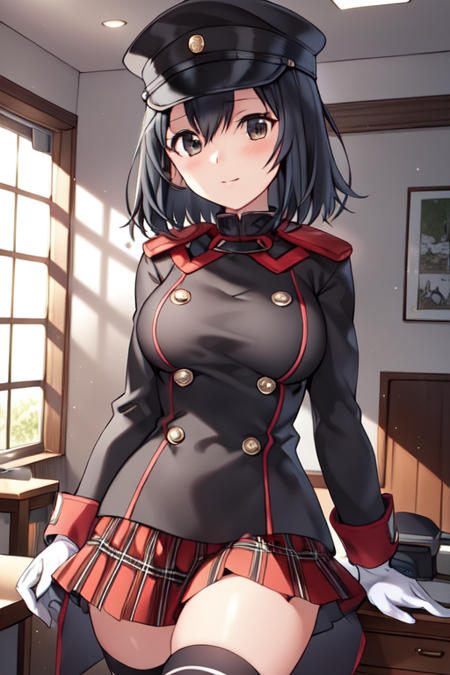 ,akitsumarusanmaKC, 1girl, solo, short hair, skirt, thighhighs, gloves, hat, pleated skirt, black thighhighs, white gloves, uniform, plaid, military, black headwear, military uniform, buttons, plaid skirt,peaked cap,