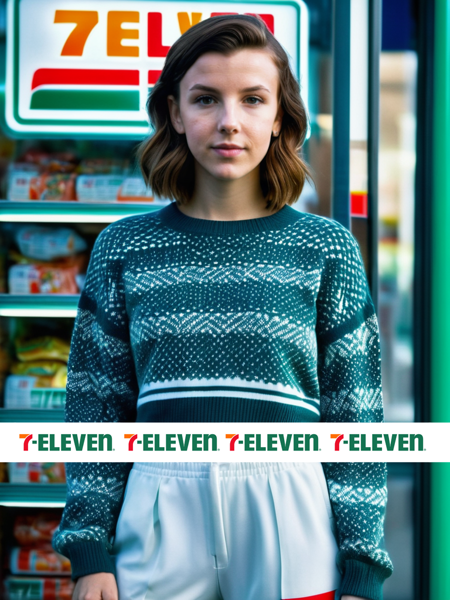 professional portrait photograph of a 20 year old Millie Bobby Brown with (auburn hair), (wearing a sweater and pants:1.2), (standing outside of a ((7-Eleven)) convenience store:1.2), <lora:DetailedEyes_V3:0.8>  (pores:0.5) (freckles:0.2)