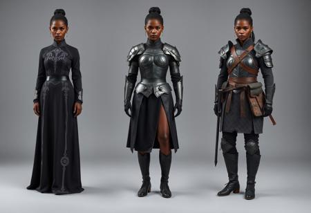 The image represents three variants of women's clothing, presumably uniforms or costumes for a chinese epic fantasy film.
On the left: A formal uniform - a long black-colored dress with silver embroidery and decorative elements.
In the center: An elite uniform - a combination of armor (cuirass, bracers) with an black skirt that opens one leg.
On the right: The armor of an Elite warrior is a combination of a vest, shirt, trousers and high boots, complemented by belts, a bag and gloves.
All three clothing options are shown on the same female figure with the same hairstyle. She is african. There is no interaction between objects, no actions take place. Context is the presentation of various costume options, perhaps for a , movie. Photography studio style