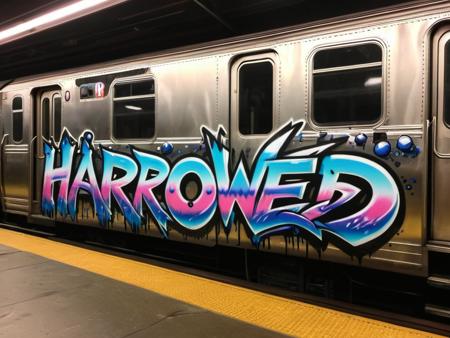 "HARROWED" text logo <lora:Harrlogos_v2.0:0.69> ral-oilspill graffiti thick black outlines, calygraphic wildstyle ral-oilspill bombing, thick lines <lora:ral-oilspill-sdxl:0.48> a new york subway train, standing in the yard in a the dark with rubbish on the floor, at night, dim light